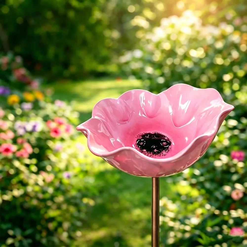 Handcrafted Metal Flower Garden Stake & Bird Bath | UV Resistant