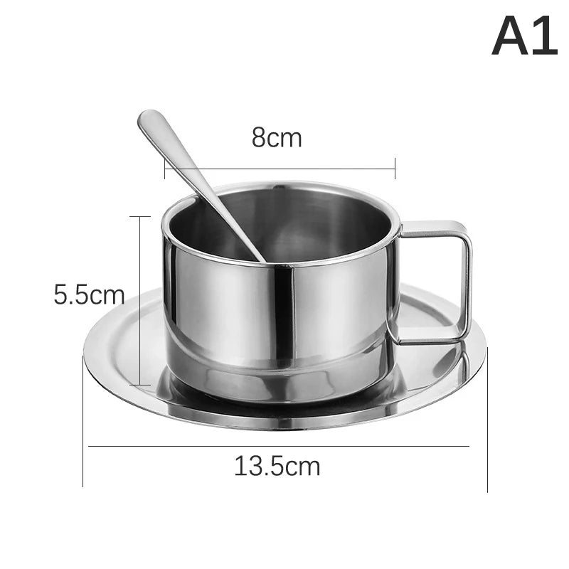 Double Wall Stainless Steel Coffee Cup Set with Saucer & Spoon Coffee Cup Set Peaceful Pleasures Health and Wellness A1 101-200ml