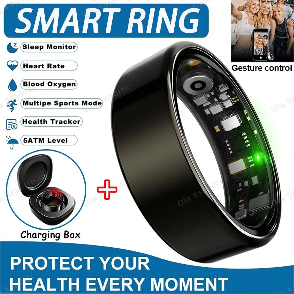 2026 New R12 Smart Ring with Charging Case, Heart Rate Blood Oxygen Sleep Health Manager,5ATM Waterproof For Men Women Smartring Peaceful Pleasures Health and Wellness Black Box 10