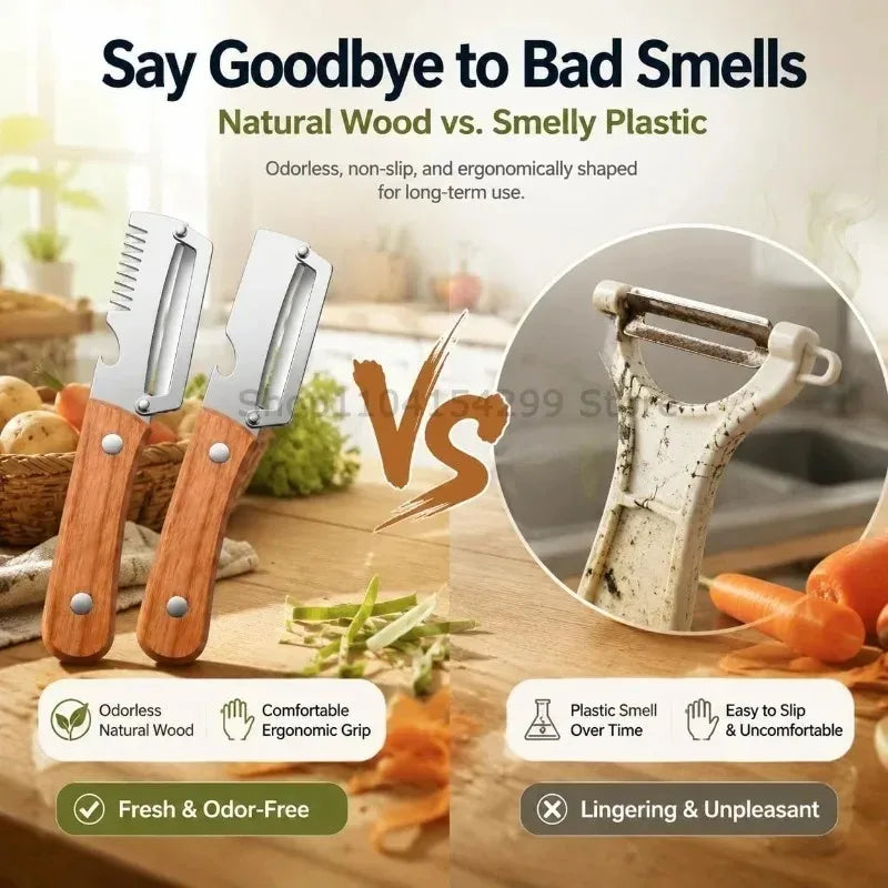 3-in-1 Wooden Handle Vegetable Peeler – Stainless Steel