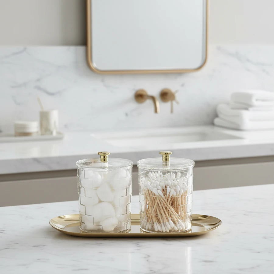 Q-Tip Holder & Vanity Tray Set – Clear Apothecary Jar Cotton Swab & Ball Dispenser