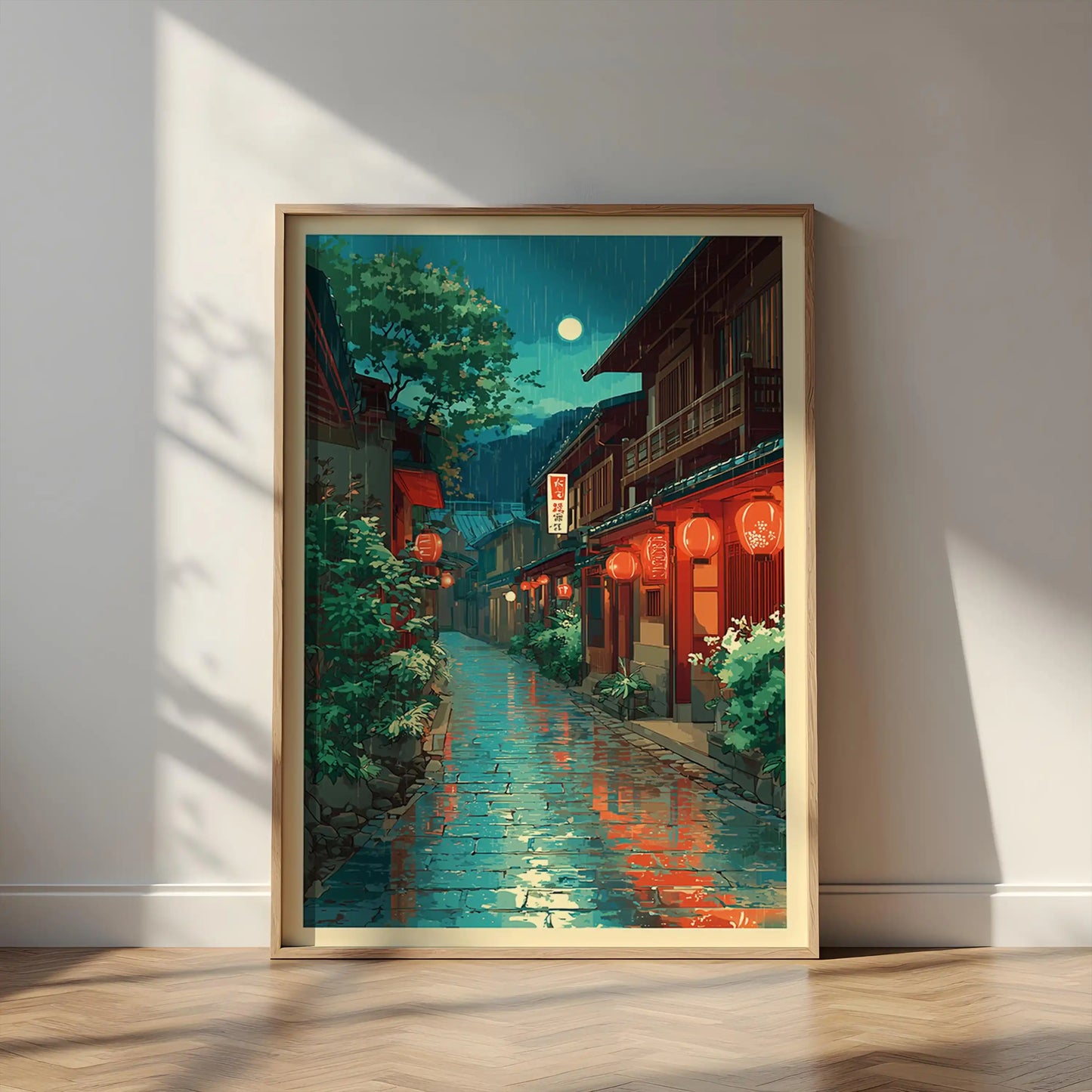 Retro Japanese City Rain Canvas Wall Art Poster | Frameless Canvas Wall Art Peaceful Pleasures Health and Wellness TL675 50x70cm Unframed