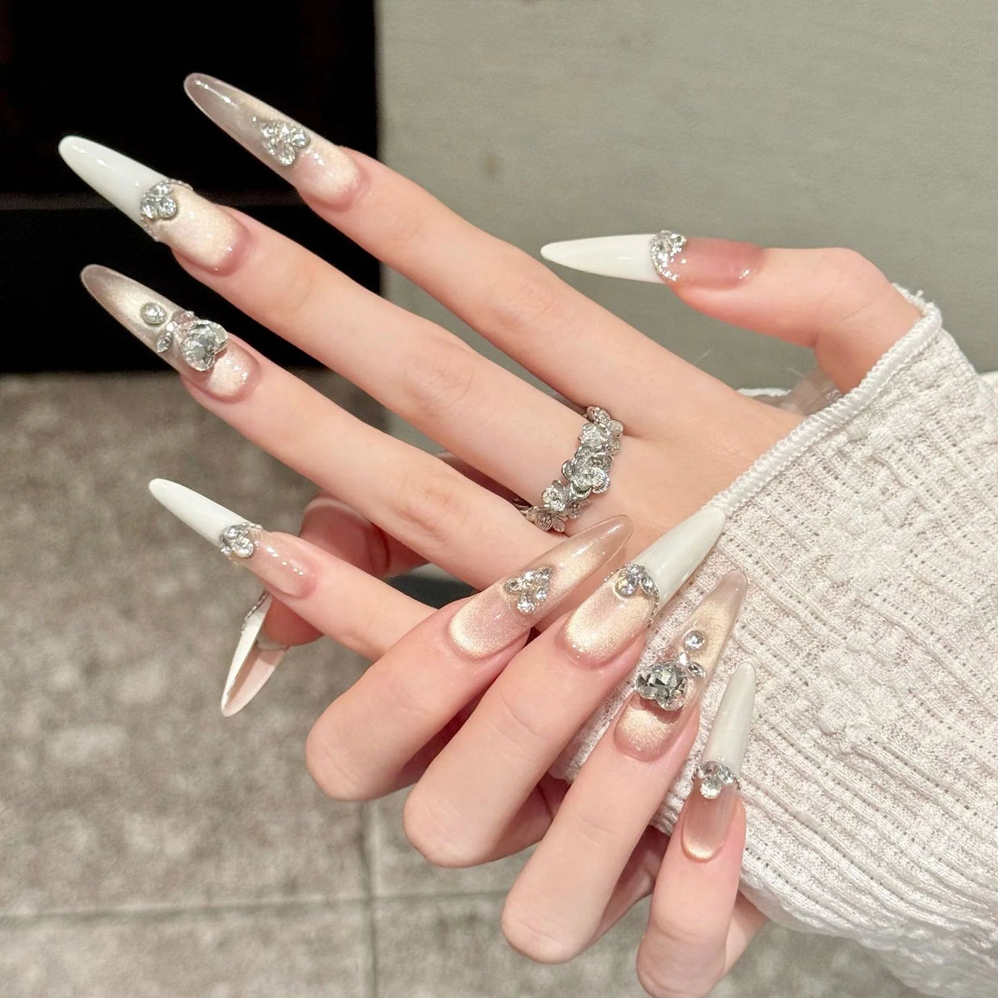 10pcs Handmade Light Luxury Press on Nails French Golden Cat's Eye False Nails Wearable Charming Love Diamond Decor Fake Nails Peaceful Pleasures Health and Wellness XS