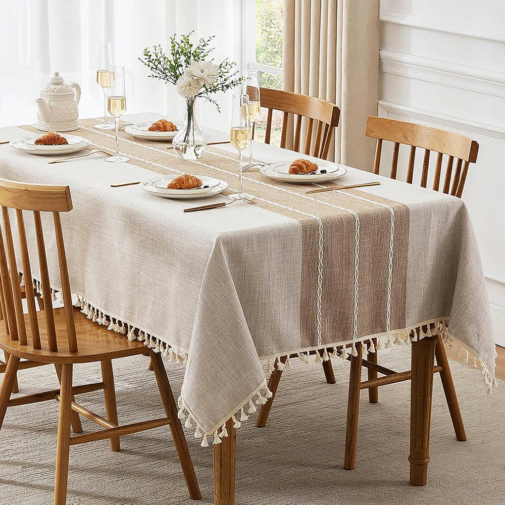 Battilo Linen Cotton Tablecloth | Striped Tassel Table Cover