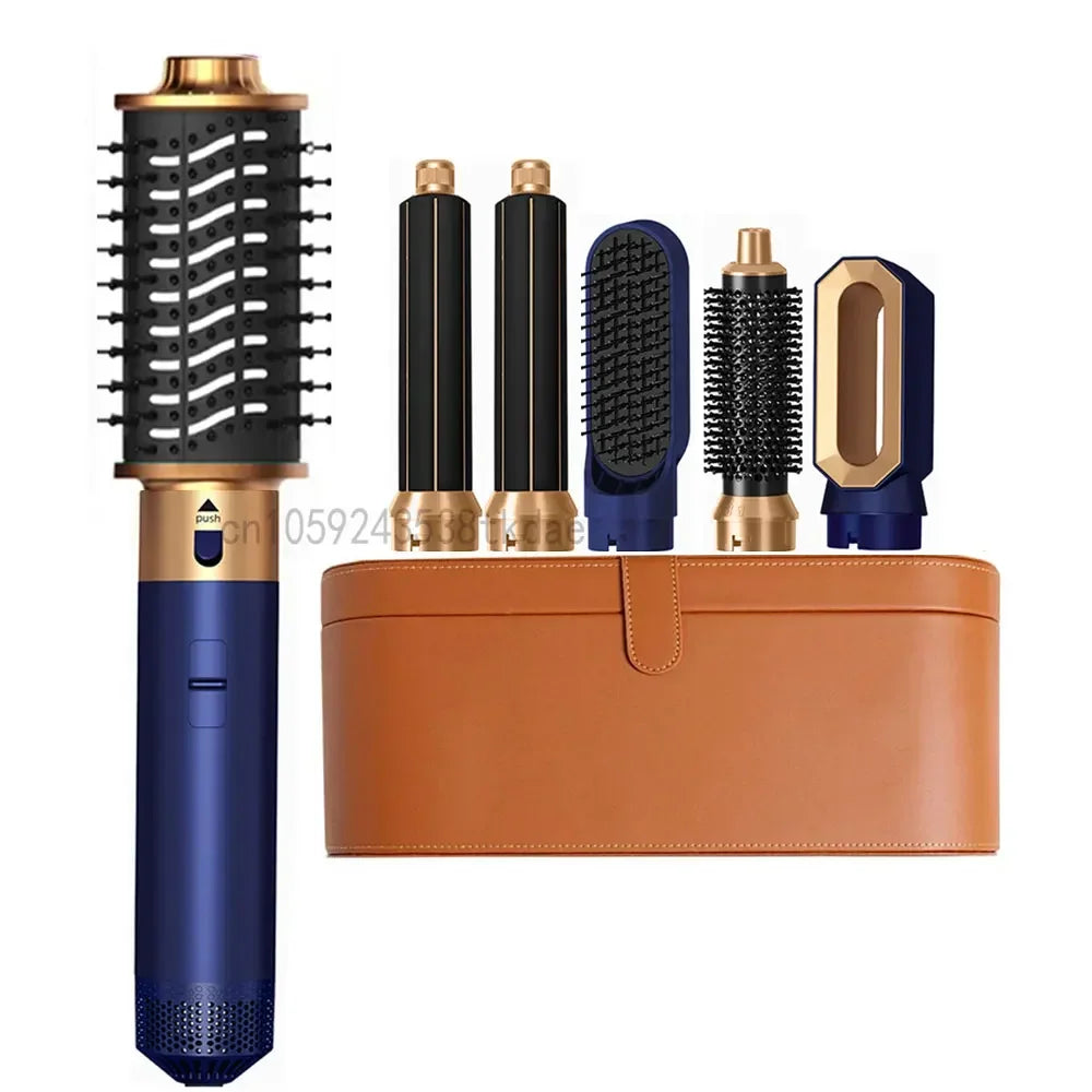 6 in 1 Hair Dryer One-step Hot Air Comb Set Professional Air styling Curling Iron Hair Straightener Styling Tool Hair Dryer Peaceful Pleasures Health and Wellness Blue Gold Set 1 US