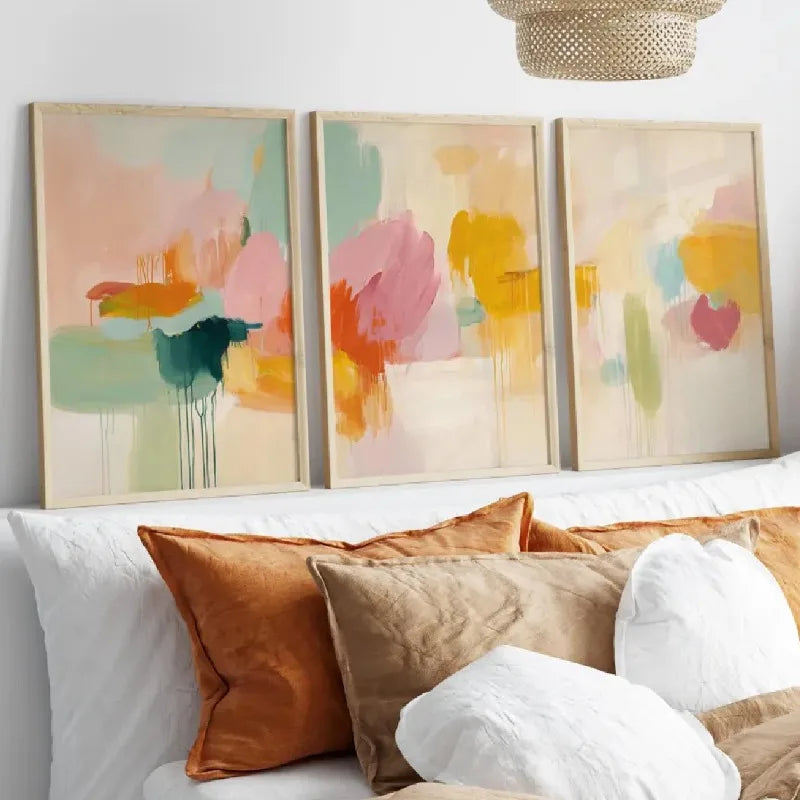 3-Piece Abstract Canvas Wall Art | Pink Orange Green Landscape Canvas Wall Art Peaceful Pleasures Health and Wellness