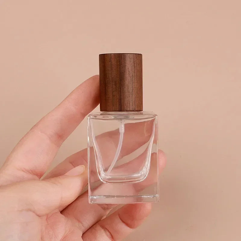 Portable Glass Spray Bottle 30ml 50ml | Refillable Wood Cap