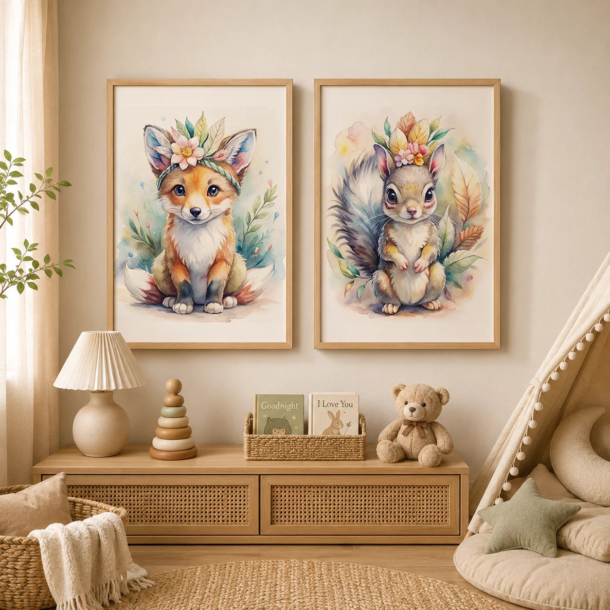 Woodland Animal Floral Wreath Canvas Print | Nursery Wall Art Canvas Wall Art Print Peaceful Pleasures Health and Wellness