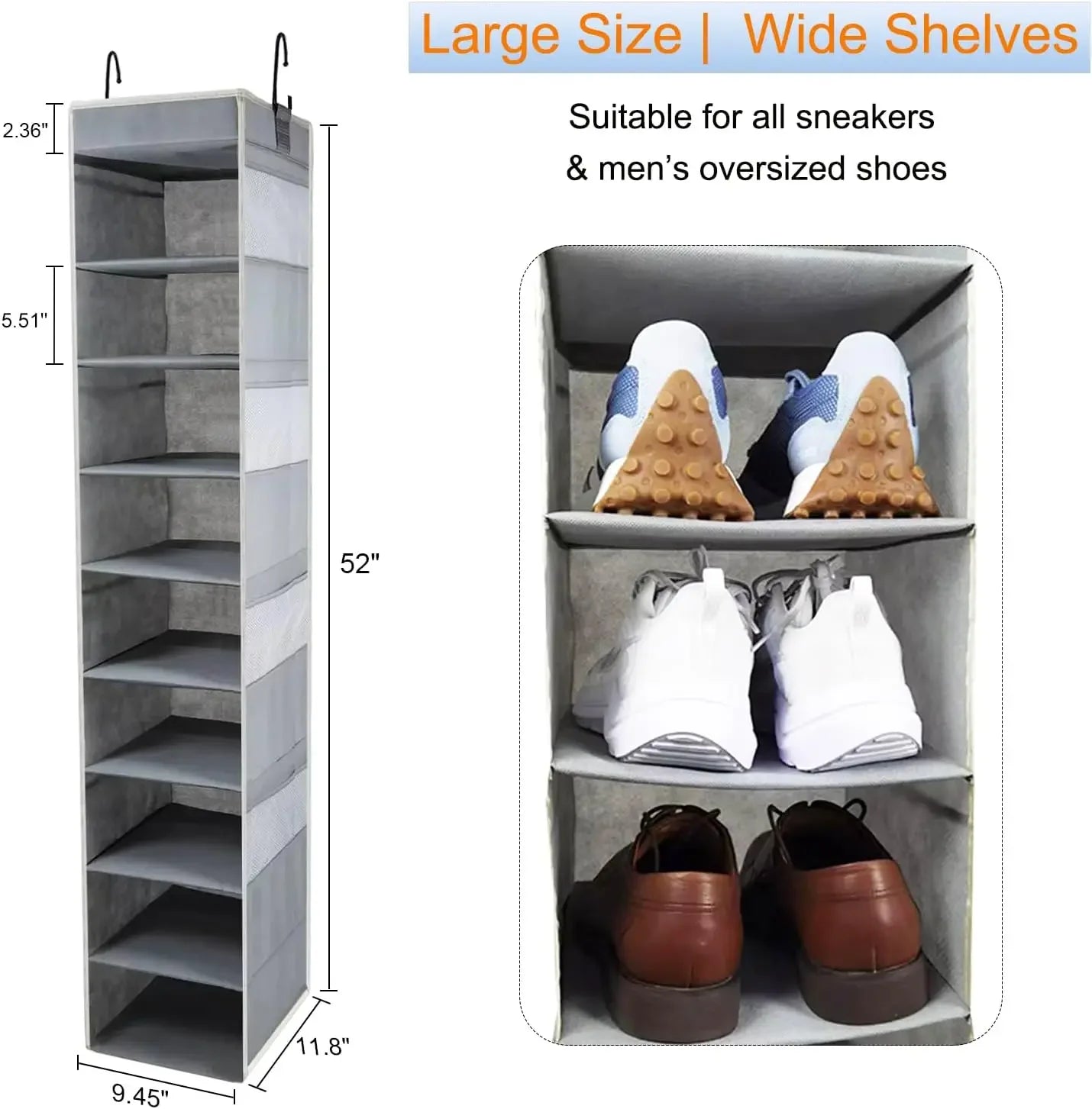 10-Shelf Hanging Shoe Organizer with 8 Side Pockets, Wide Storage for Shoes Clothes Toys, Grey Peaceful Pleasures Health and Wellness