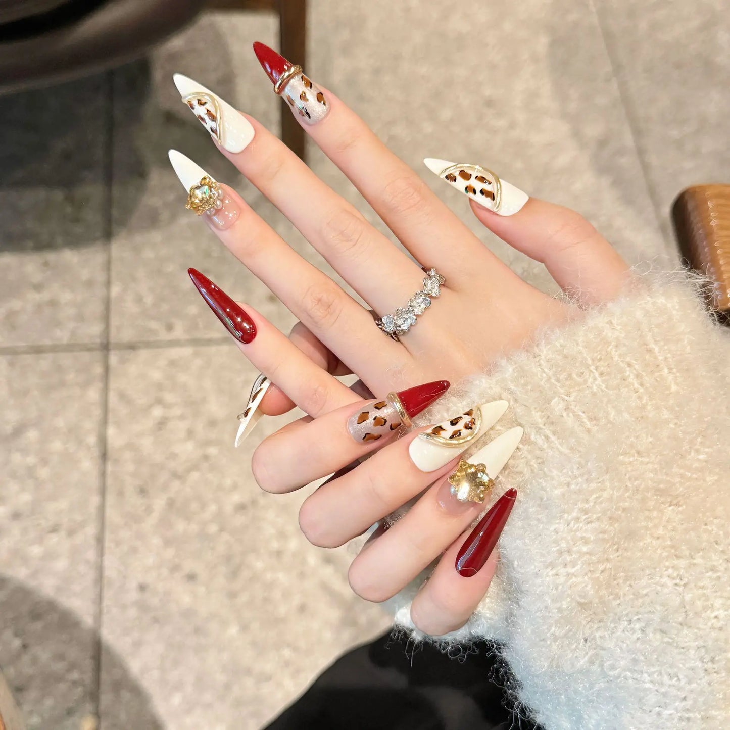 Retro Red Leopard Press On Nails – Long Almond Crystal Tips