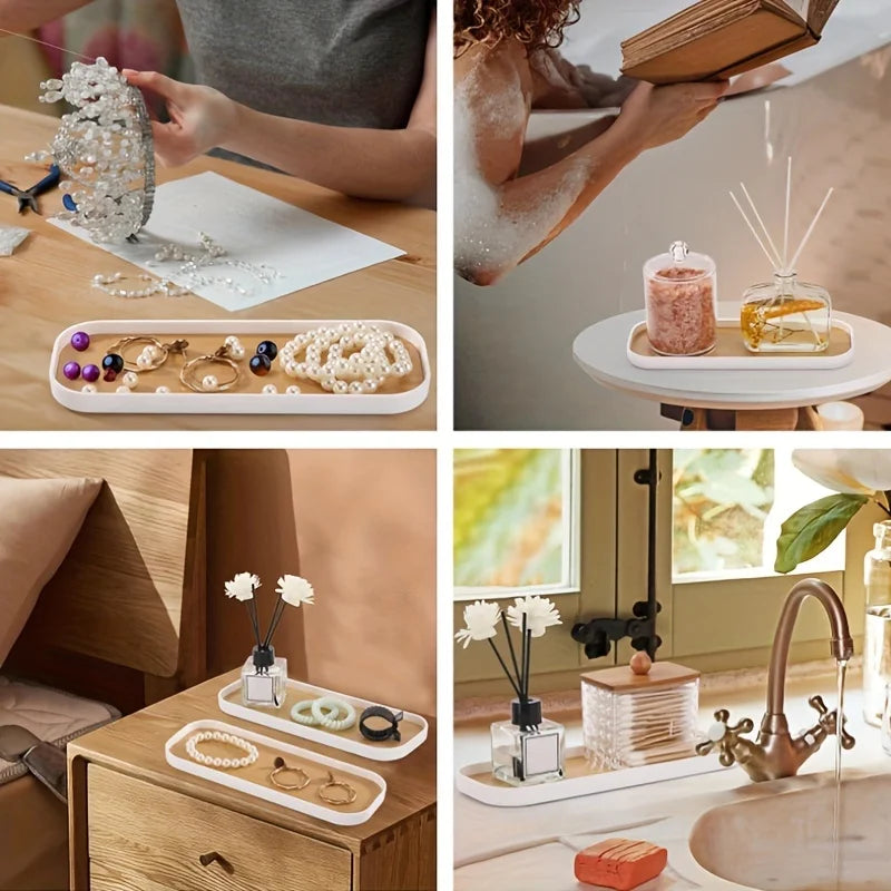 White Marble Rectangle Bathroom Vanity Tray for Counter – Soap, Perfume & Jewelry Organizer (1 or 2 Pack)