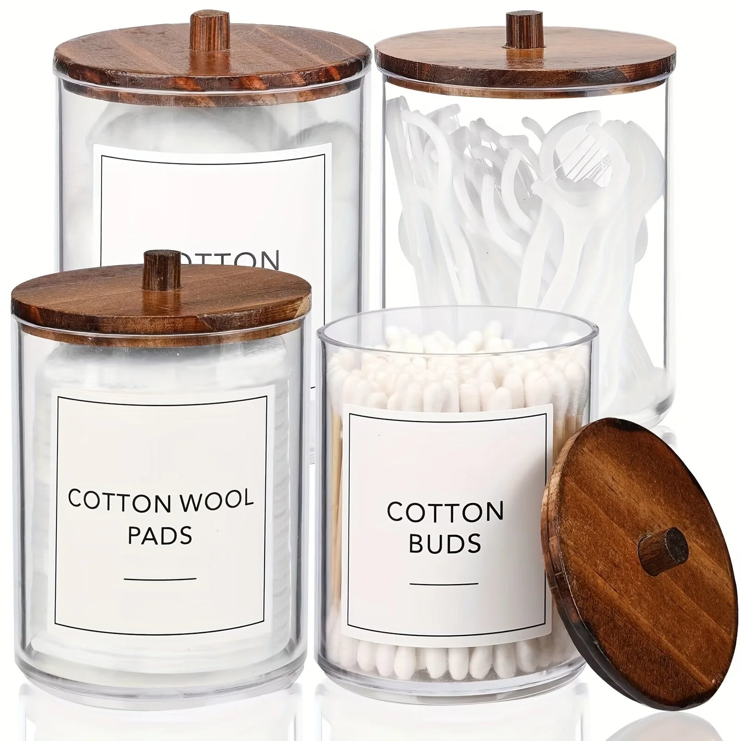 Qtip Holder Apothecary Jars with Wood Lids – 4 Pack Clear Plastic Vanity Organizer Storage Containers (10 oz)
