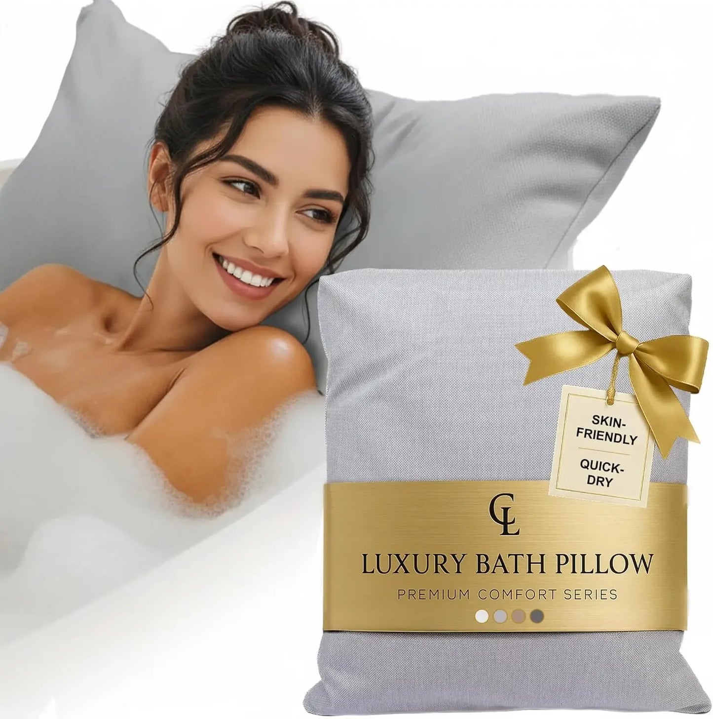 Thick Comfortable Bathtub Pillow for Head Neck Back Support, Washable Quick-Drying Light Gray Peaceful Pleasures Health and Wellness United States