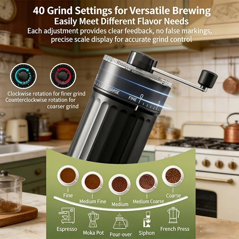 Manual Coffee Grinder with 40 Adjustable Settings - Portable Conical Grinder, 35g Capacity, Detachable Parts, Suitable for Aeropress, Espresso, Drip Coffee, French Press, and Moka Pot, Stylish and Durable Plastic Design, Suit Peaceful Pleasures Health and Wellness