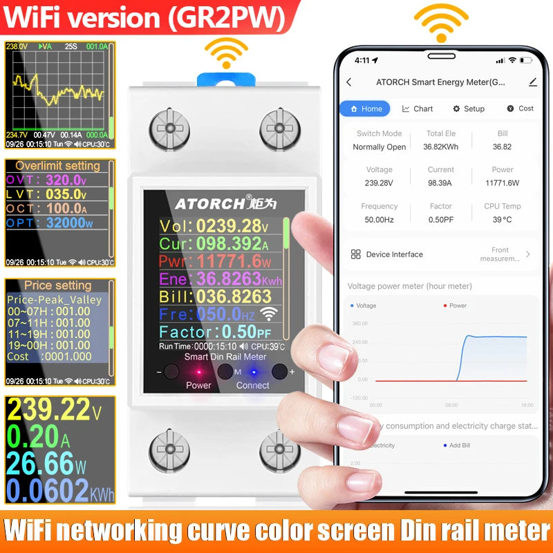 GR2PW AC50-320V 100A Smart Electricity Meter Tuya WiFi Din Rail Power Energy Meter Digital Display Monitor Voltage Curve Ammeter Peaceful Pleasures Health and Wellness GR2PW WiFi N-switch
