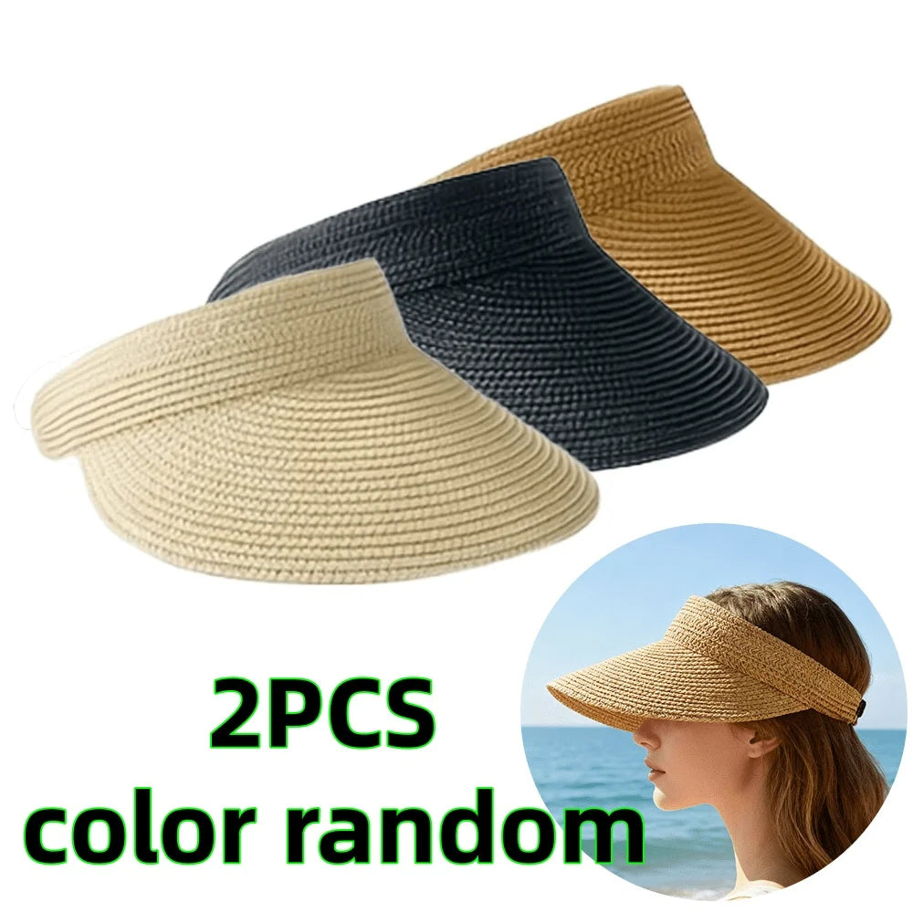 1/2 Piece Set with Random Color Delivery, Summer Straw Sun Hat, Beach Hat with Large Brim, Uv Protection, Rollable Ponytail Travel Sun Hat Peaceful Pleasures Health and Wellness 2Pcs Color Random