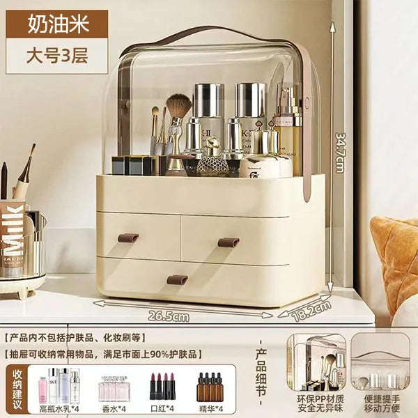 Cosmetics Receiving Box Dust-Proof Desktop Makeup Organizer with Drawer for Skin Care Products Household Storage Box Shelf Peaceful Pleasures Health and Wellness Beige