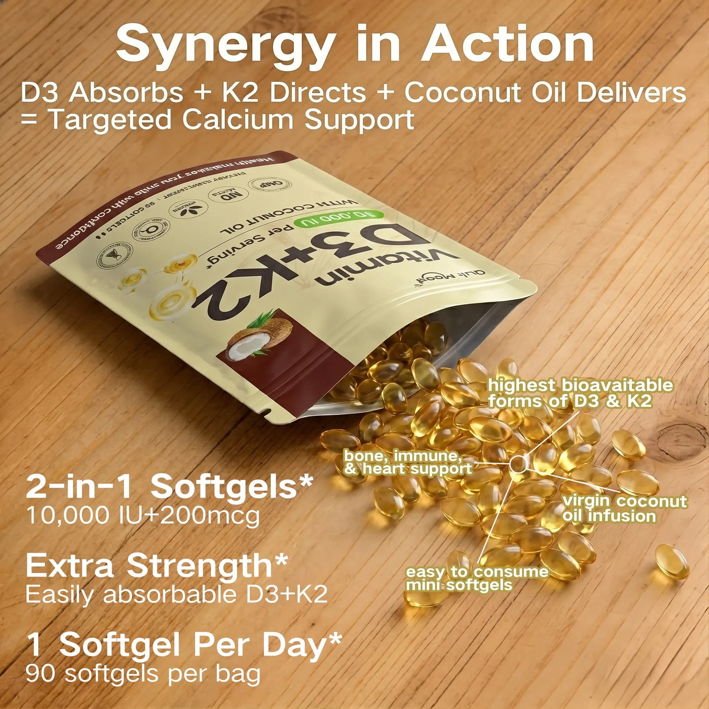 Vitamin D3 + K2 Softgels – Calcium Absorption, Bone & Heart Health | Daily Supplement Peaceful Pleasures Health and Wellness