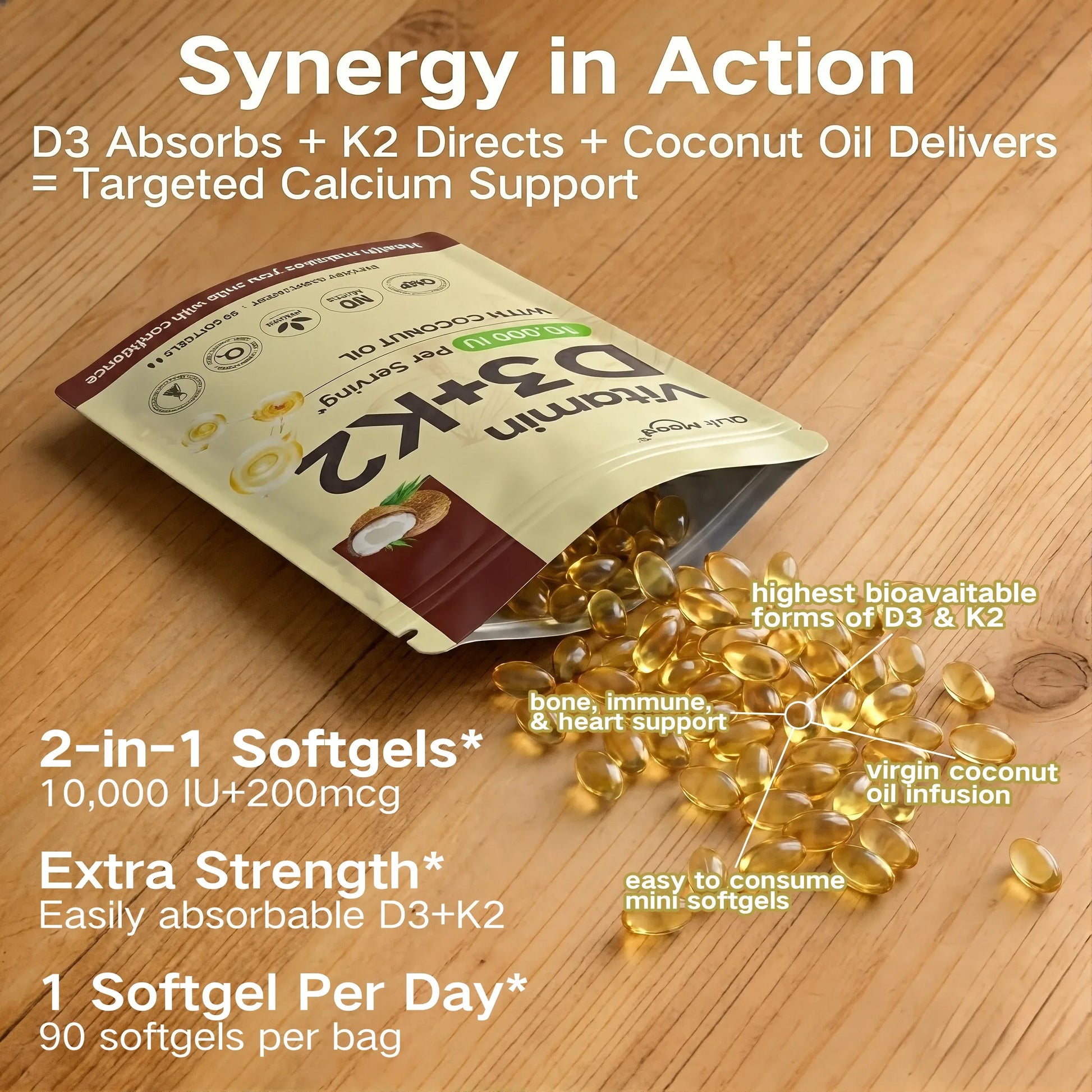 Vitamin D3 + K2 Softgels – Calcium Absorption, Bone & Heart Health | Daily Supplement Peaceful Pleasures Health and Wellness