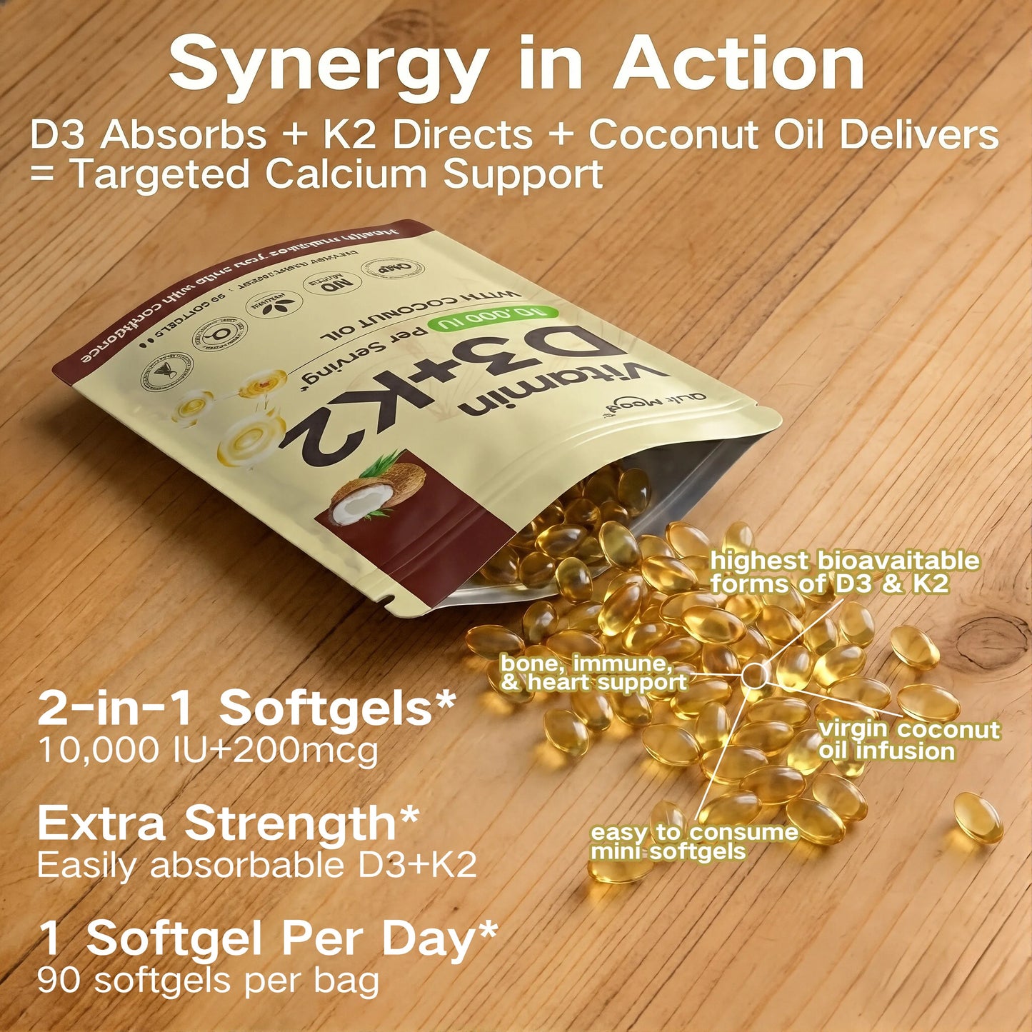 Vitamin D3K2，assists calcium absorption, trace ingredient vitamin supplement soft capsule Peaceful Pleasures Health and Wellness