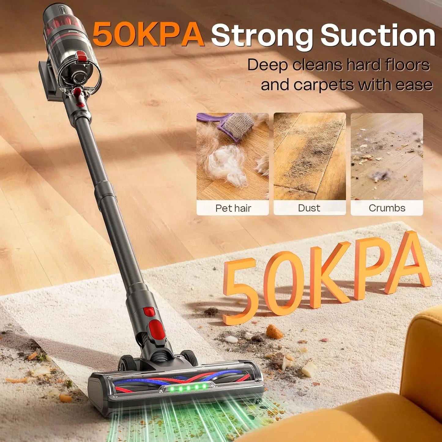 600W Cordless Stick Vacuum, 50KPa Suction, 60 Min Runtime, Lightweight for Home Pet Hair Carpet Hard Floor Peaceful Pleasures Health and Wellness