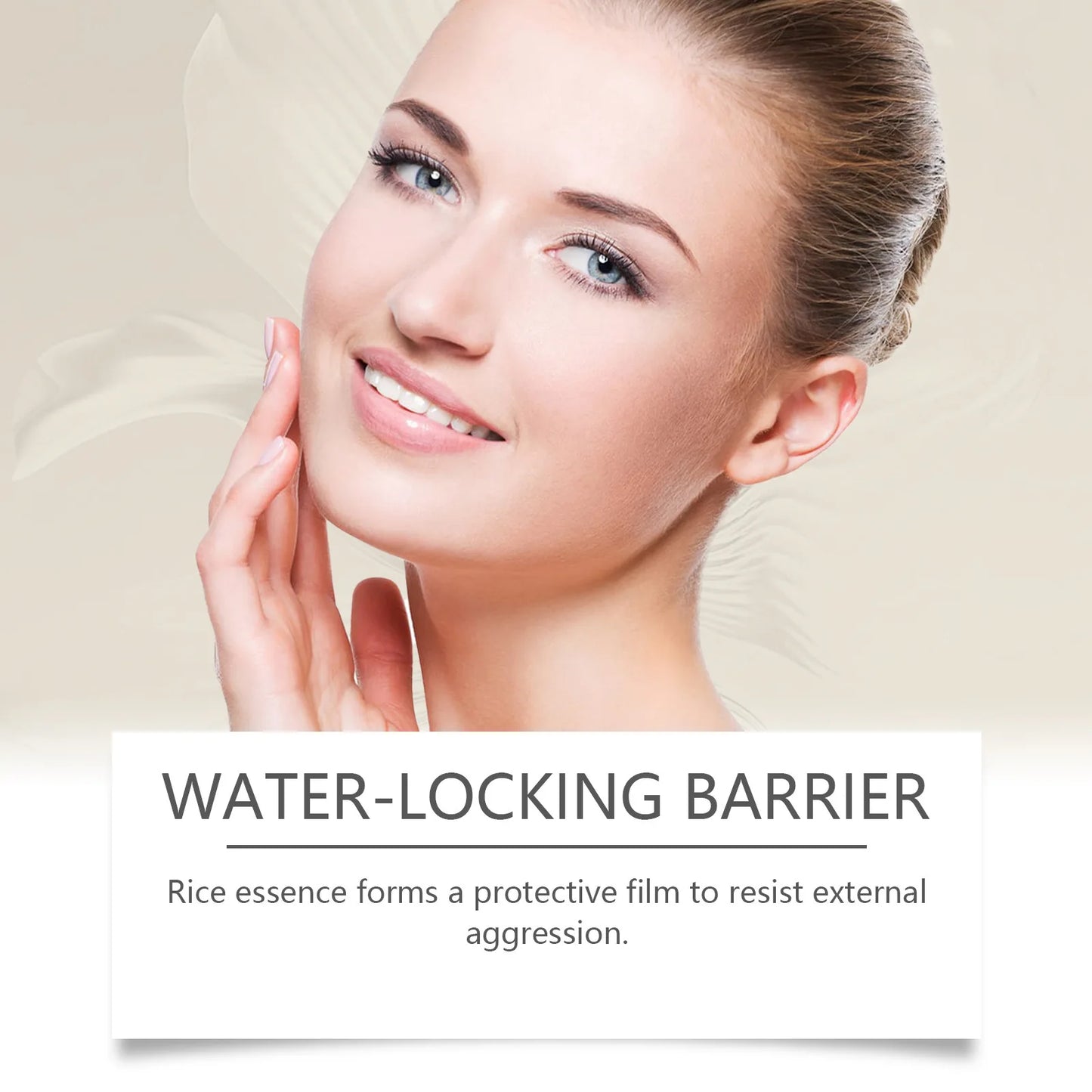 Woman with smooth skin and text about a water-locking barrier