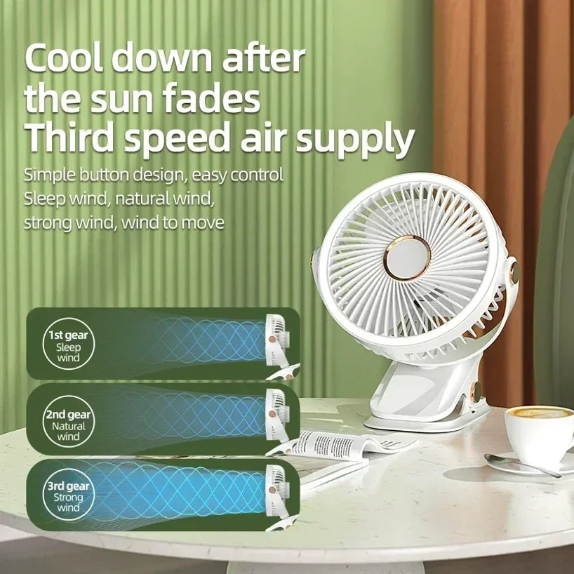 8000mAh Rechargeable Camping Fan with LED Light & Clip-On
