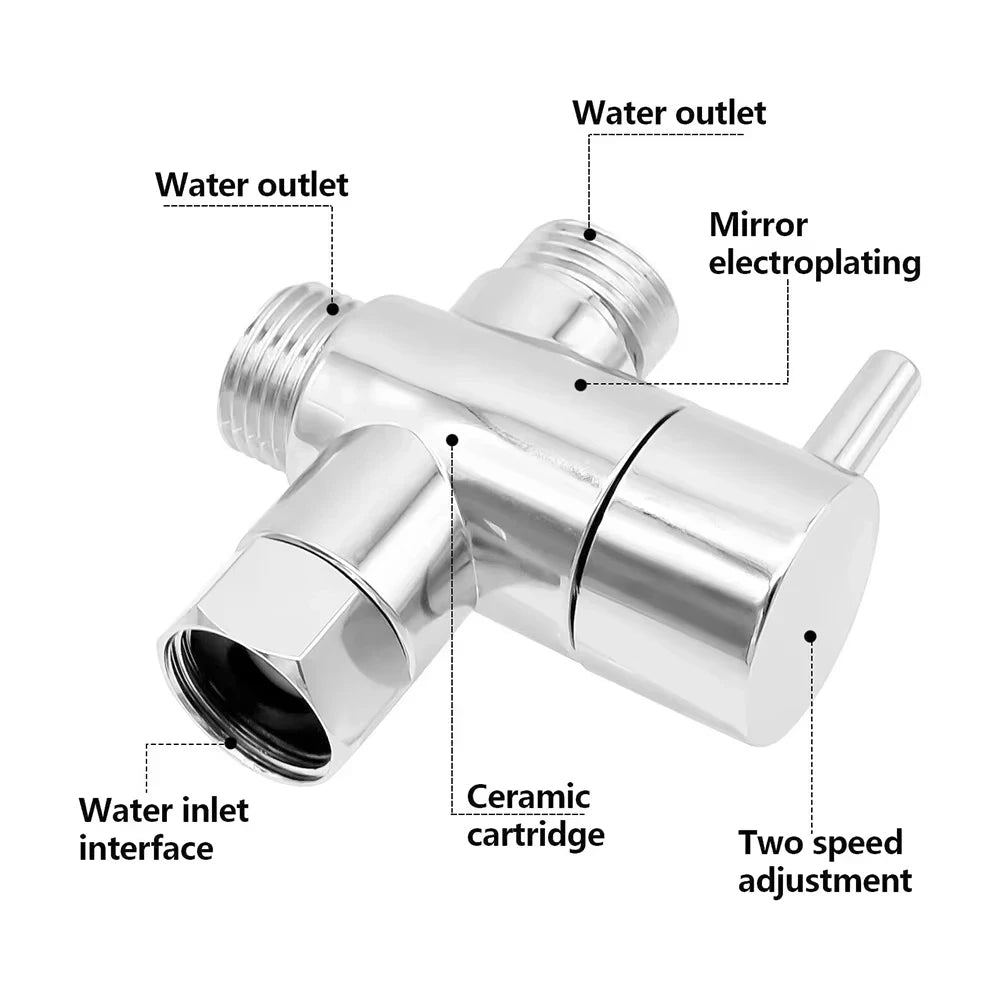 G1/2" 3-Way Brass Shower Diverter Valve T-Adapter | Chrome