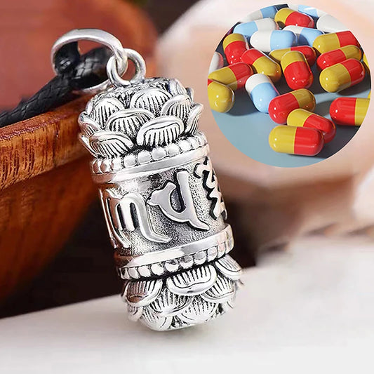 1Pc Hollow Copper Plated Lotus Sutra Cylinder Pendant Keychain Handmade Vintage Pill Box Container Bottle Peaceful Pleasures Health and Wellness