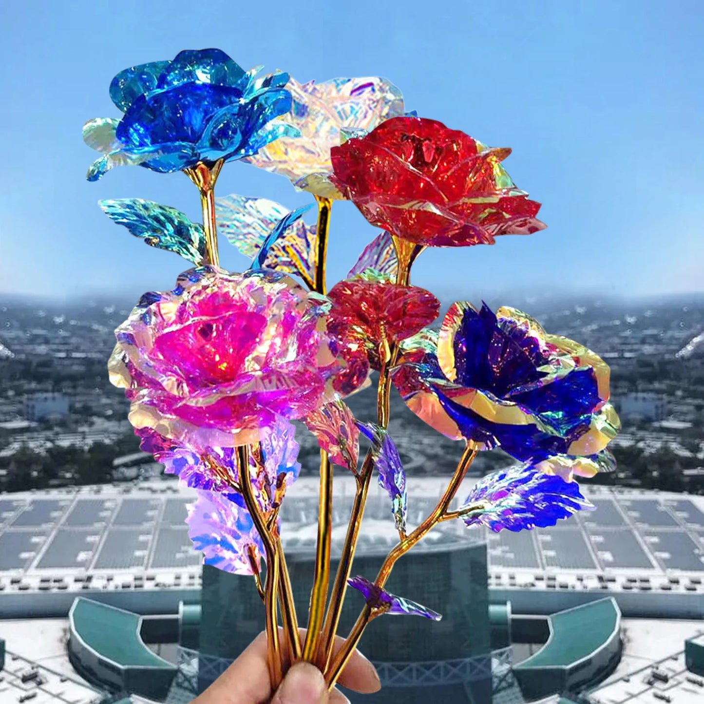 5pcs Colorful Luminous Rose Artificial Led Light Flower Gold Foil Rose Rainbow Simulation Bouquet Without Gift Colgifts For Girl Peaceful Pleasures Health and Wellness A
