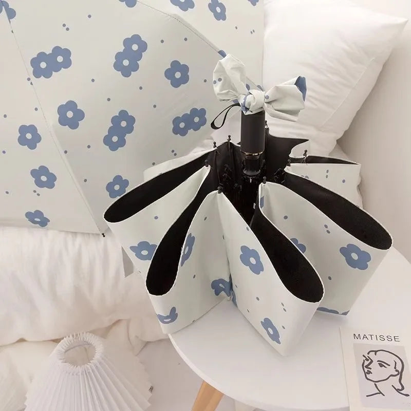 Automatic Folding Umbrella Pastoral Flower Pattern Black Coated Sun Protection Three Fold Rain and Sun Dual Use Parasol Peaceful Pleasures Health and Wellness