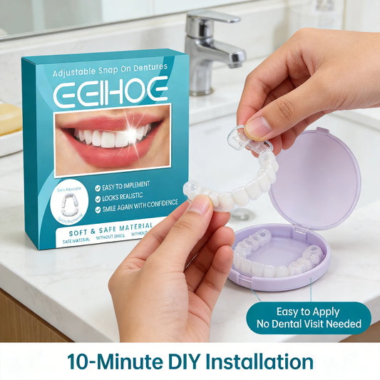 Adjustable Snap on Dentures Help Cover up Dirty Plaque Soft Comfortable Material Natural Tooth Color Adjustable Buckle Dentures Peaceful Pleasures Health and Wellness