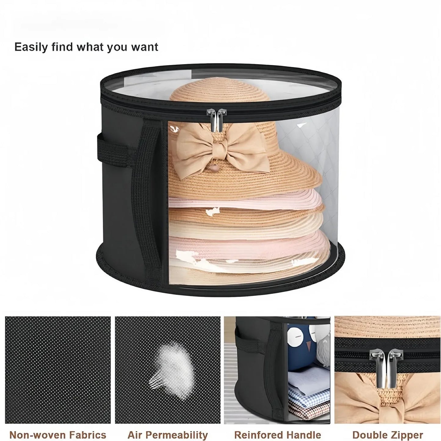 Large Round Foldable Hat Box for Travel & Closet Storage