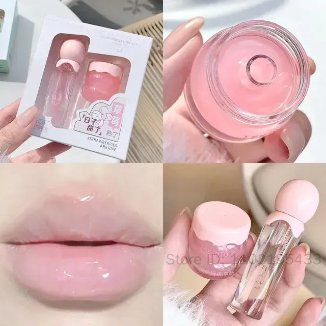 Strawberry Lip Oil & Jelly Lip Mask Set – 2Pc Hydrating Lip Care