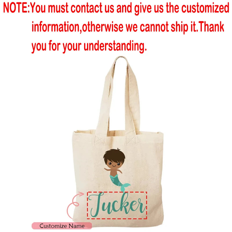 Personalized Mermaid Canvas Tote Bag | Custom Kids Party Gift Personalized Tote Bag Peaceful Pleasures Health and Wellness custom C 20x22cm