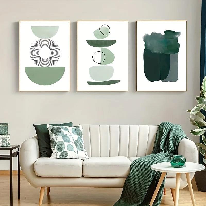 3-Piece Green Abstract Geometry Canvas Wall Art | Nordic Print Canvas Wall Art Set Peaceful Pleasures Health and Wellness 40x50cm No Frame ZLH11308-3pcs