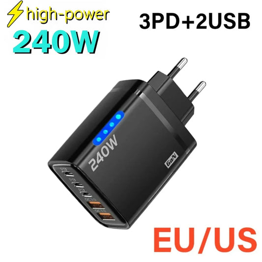 240W GaN 5-Port USB-C PD Desktop Fast Charger QC3.0 Multi-Port USB Charger Peaceful Pleasures Health and Wellness