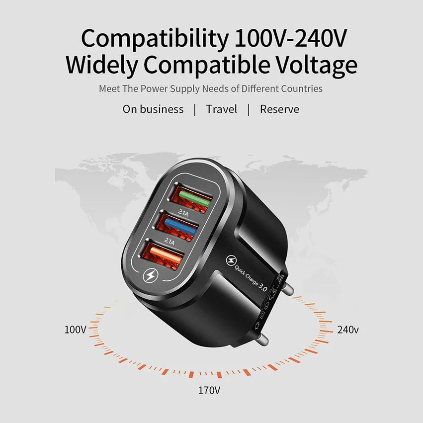18W 3 Ports USB Charger Quick Charge 3.0 Charger Adapter EU US Plug for iPhone Samsung Xiaomi Huawei Multi Port Phone Charger Peaceful Pleasures Health and Wellness