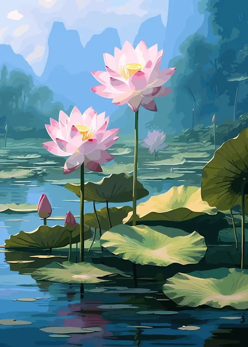 Chinese Lotus Flower Canvas Wall Art Print | Unframed Poster
