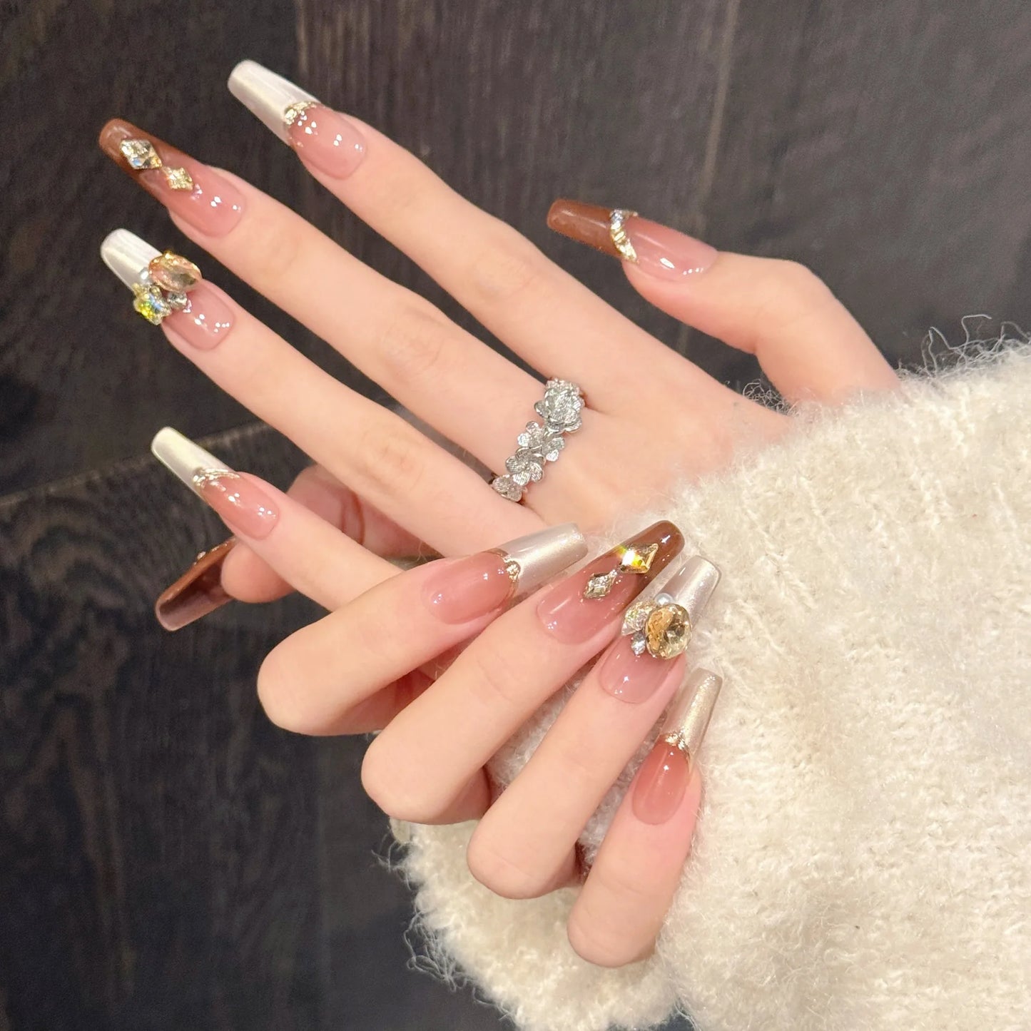 French Cat's Eye Press On Nails – Diamond Ballet Manicure Set