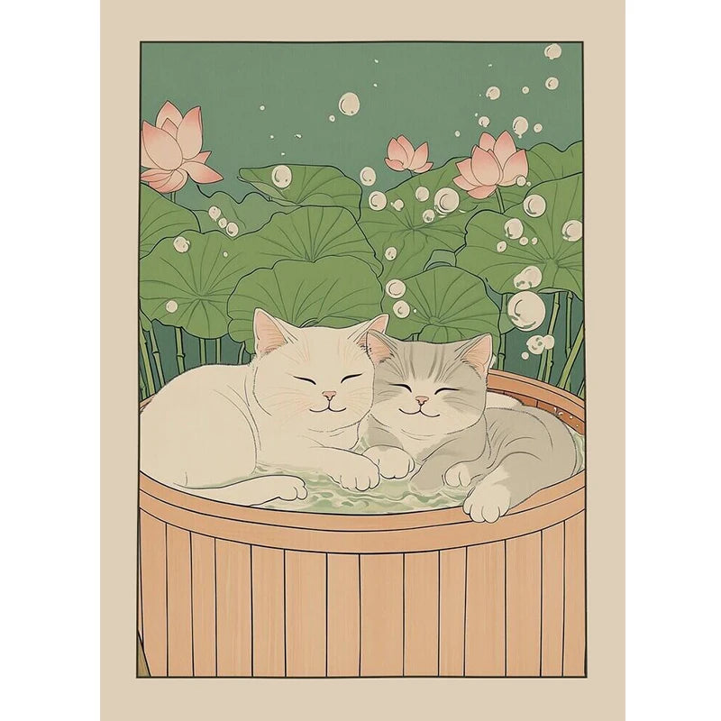 Japanese Cute Animals Bathtub Canvas Wall Art | Bathroom Decor