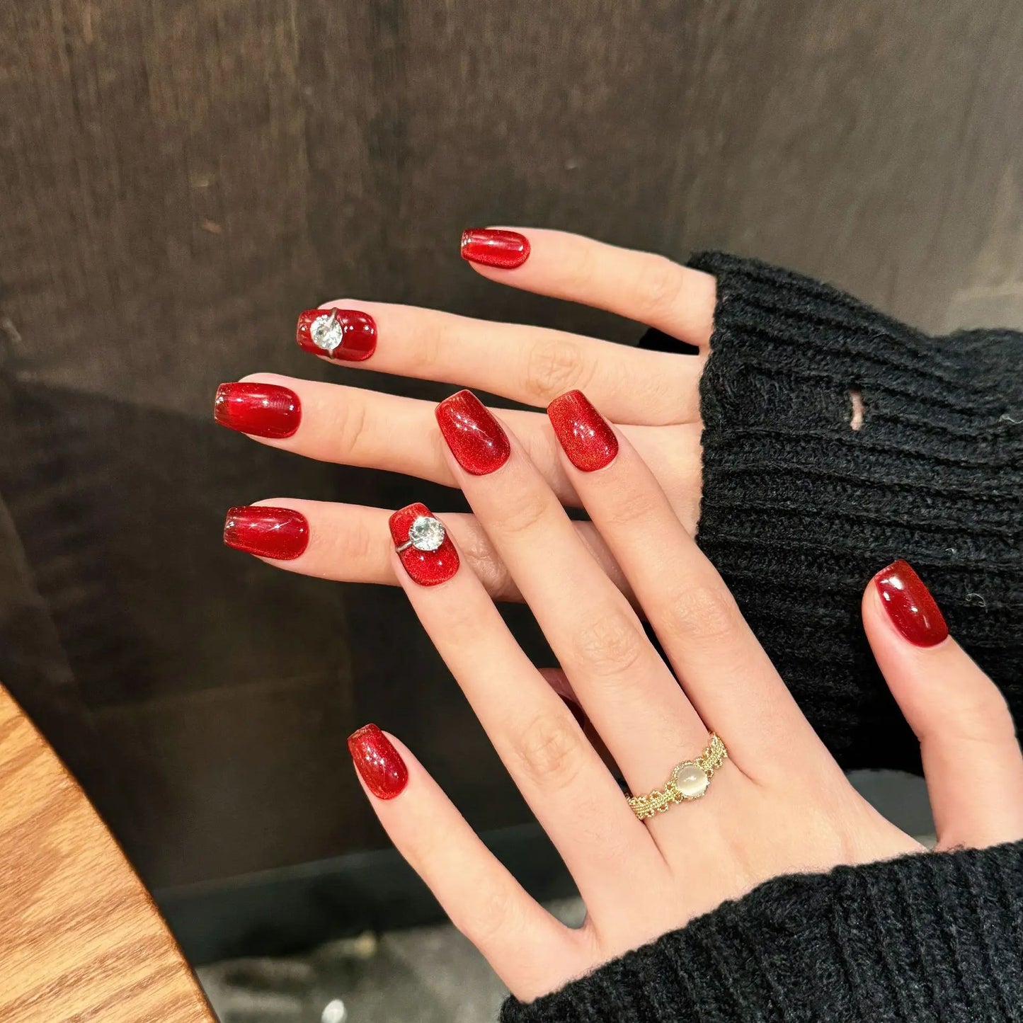 Glossy Red Cat Eye Press On Nails | Almond Crystal Design 10pc
