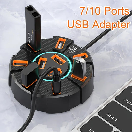 7-Port/10-Port High-Speed USB 2.0 Hub with LED, Multi-Port Splitter Power for PC Laptop, Keyboards, Mice, 1.2m Power Adapter Peaceful Pleasures Health and Wellness