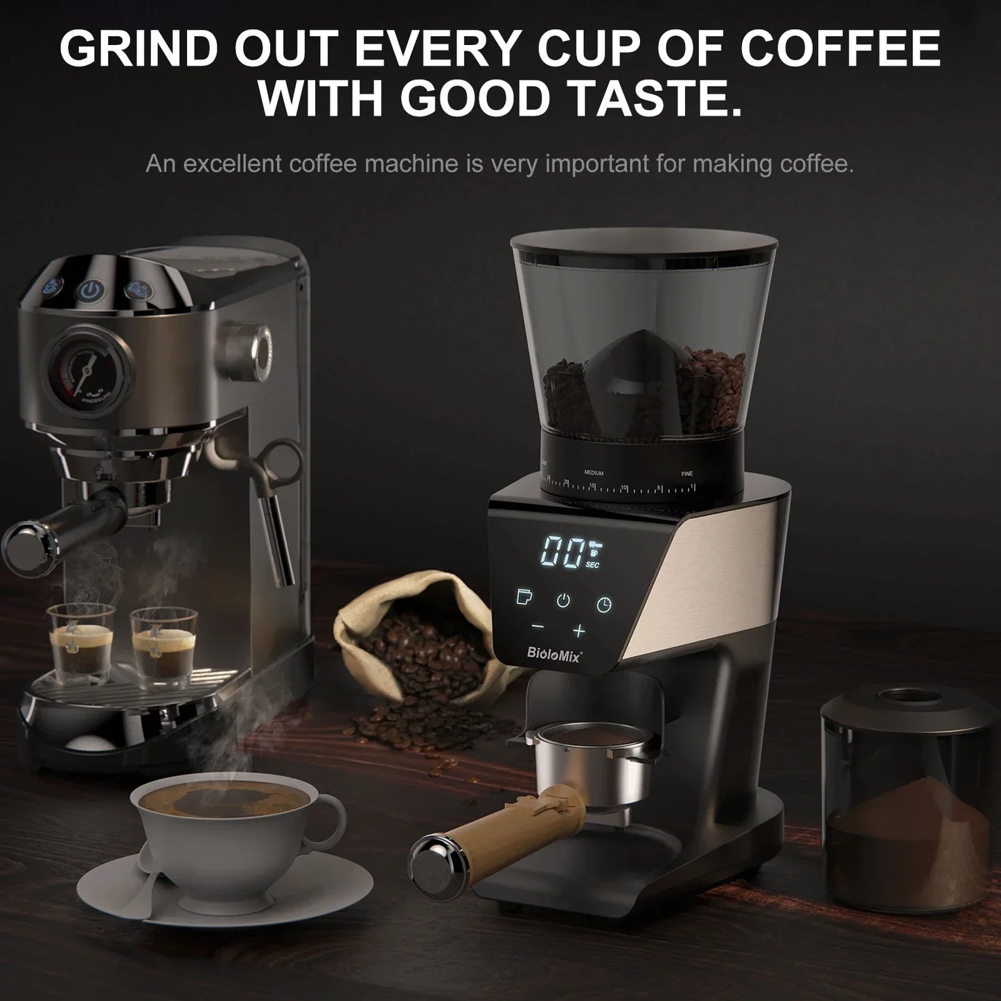 BioloMix Burr Coffee Grinder – 30 Grind Settings, LCD, 300W Coffee Grinder BioloMix