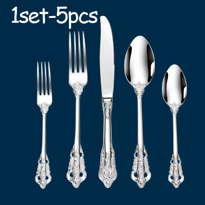 Stainless Steel Dinnerware Sets High-grade Knife Fork And Spoons Cutlery Kits Gold Plated Floral Pattern Tableware Dropship Peaceful Pleasures Health and Wellness 1set silver