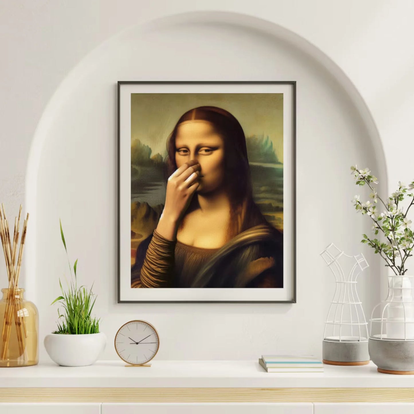 Parody Mona Lisa Bathroom Wall Art Decor Covering her Nose Vintage Bad Smell Poster Print Toilet Humor Funny Leonardo Davinci In Peaceful Pleasures Health and Wellness