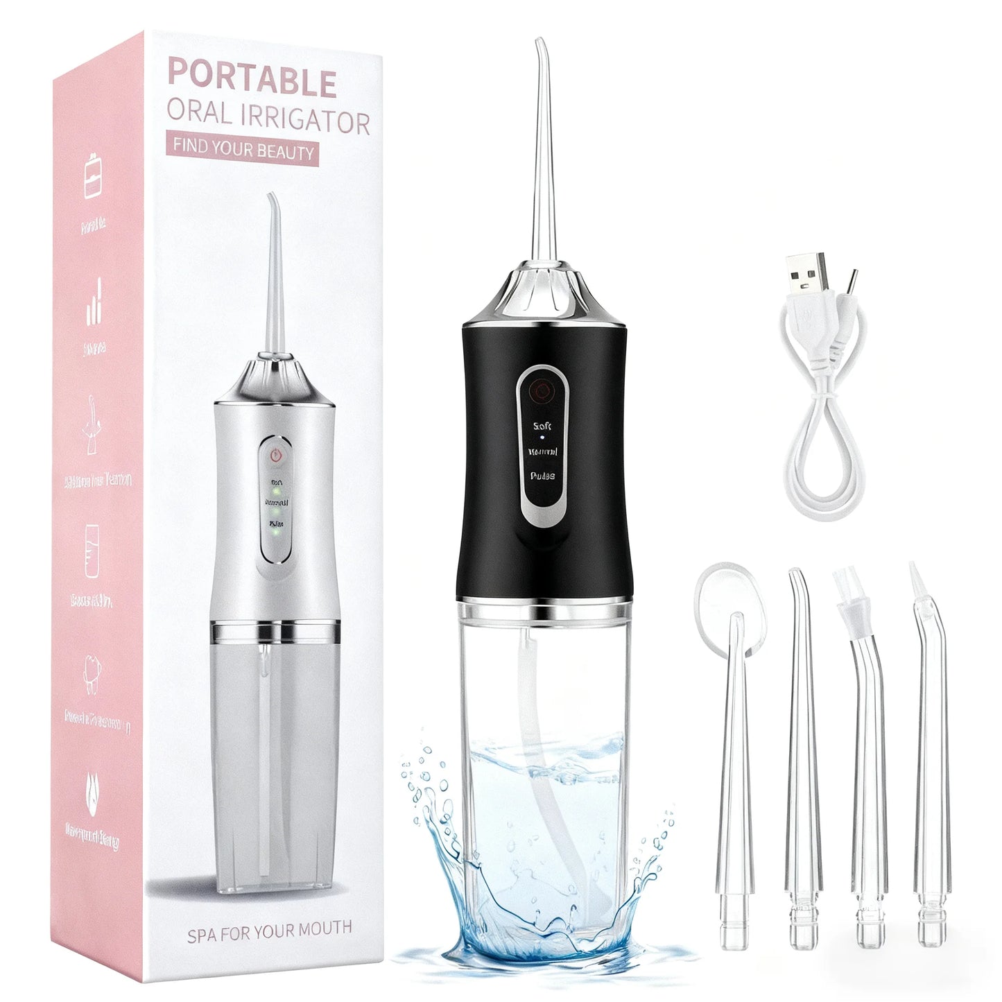 Oral Irrigator Portable USB Rechargeable Dental Water Flosser Water Jet Floss Tooth Pick 4 Jet Tip 220ml 3 Modes IPX7 Waterproof Peaceful Pleasures Health and Wellness black