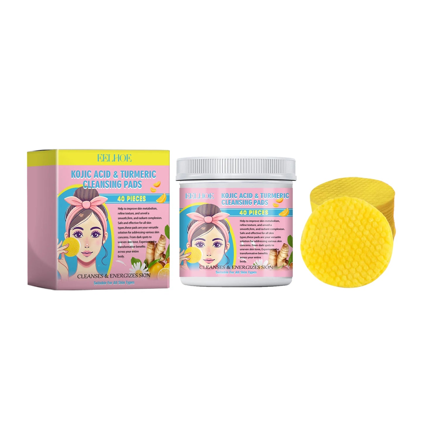 Turmeric & Kojic Acid Facial Cleansing Pads 40-Pack | Brighten & Exfoliate