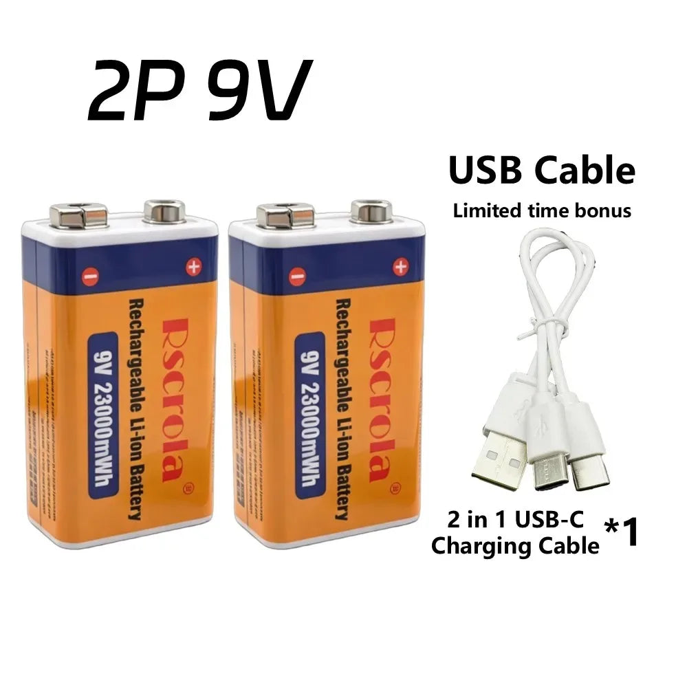 Rscrola 9V USB-C Rechargeable Battery 23600mWh Li-ion Constant Voltage for Guitar Pedal Smoke Detector Multimeter, Long Life Wit Peaceful Pleasures Health and Wellness 2 PCS Battery 9v