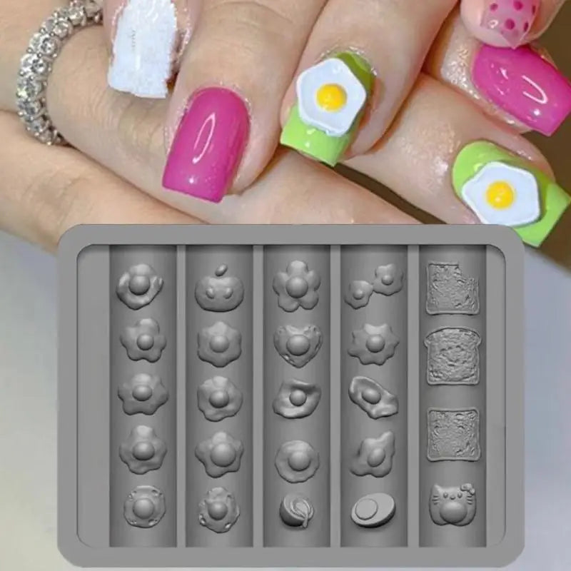 1 PCS Nail Mold Combination Cartoon Cute Flower Heart Shape Fried Egg Toast 3D Silicone Nail Decoration Transparent Mold Peaceful Pleasures Health and Wellness